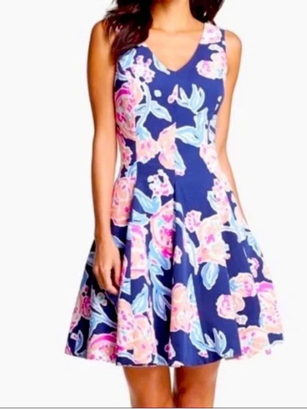Lilly Pulitzer Navy Floral A-Line Dress with Pink & Peach Blooms - Picture 2 of 8